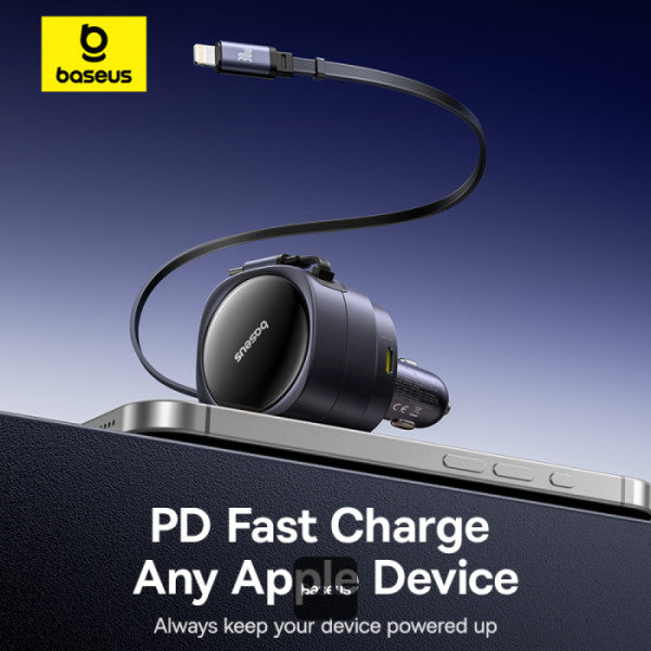 INCARCATOR auto Baseus Enjoyment Max, Quick Charge 90W, 1 x USB, cablu retractabil integrat 2 x USB Type-C, pt. bricheta auto, negru "C00035507121-03" - 6932172682606