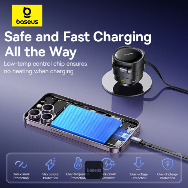 INCARCATOR auto Baseus Enjoyment Max, Quick Charge 90W, 1 x USB, cablu retractabil integrat 2 x USB Type-C, pt. bricheta auto, negru "C00035507121-03" - 6932172682606