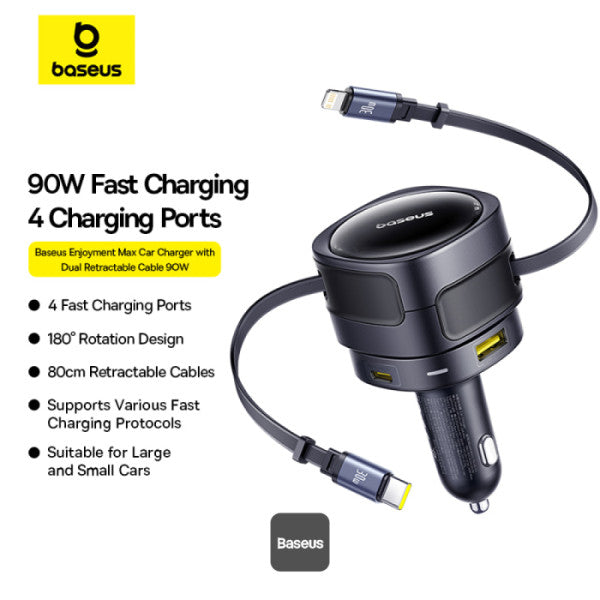 INCARCATOR auto Baseus Enjoyment Max, Quick Charge 90W, 1 x USB, cablu retractabil integrat 2 x USB Type-C, pt. bricheta auto, negru "C00035507121-03" - 6932172682606