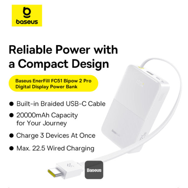 POWER BANK Baseus EnerFill FC51 Bipow2 Pro, 20000mAh, PD 22.5W, 1 x USB; 1 x cablu integrat USB Type-C, 1 x Type-C, digital display pt. status baterie,total 2.4A, alb "E0027700" - 6932172691882