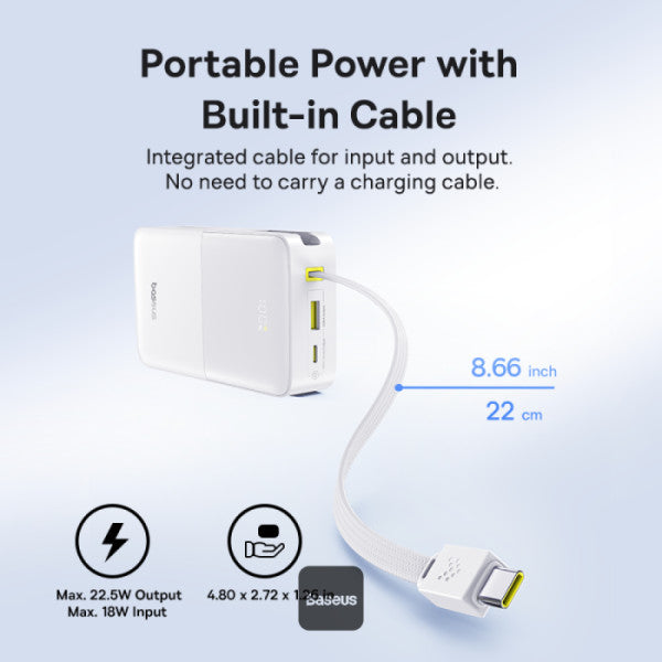 POWER BANK Baseus EnerFill FC51 Bipow2 Pro, 20000mAh, PD 22.5W, 1 x USB; 1 x cablu integrat USB Type-C, 1 x Type-C, digital display pt. status baterie,total 2.4A, alb "E0027700" - 6932172691882