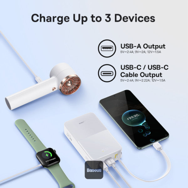 POWER BANK Baseus EnerFill FC51 Bipow2 Pro, 20000mAh, PD 22.5W, 1 x USB; 1 x cablu integrat USB Type-C, 1 x Type-C, digital display pt. status baterie,total 2.4A, alb "E0027700" - 6932172691882