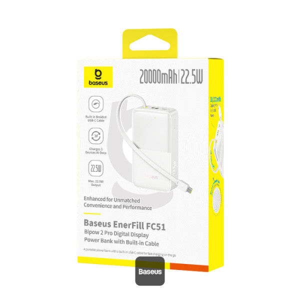POWER BANK Baseus EnerFill FC51 Bipow2 Pro, 20000mAh, PD 22.5W, 1 x USB; 1 x cablu integrat USB Type-C, 1 x Type-C, digital display pt. status baterie,total 2.4A, alb "E0027700" - 6932172691882