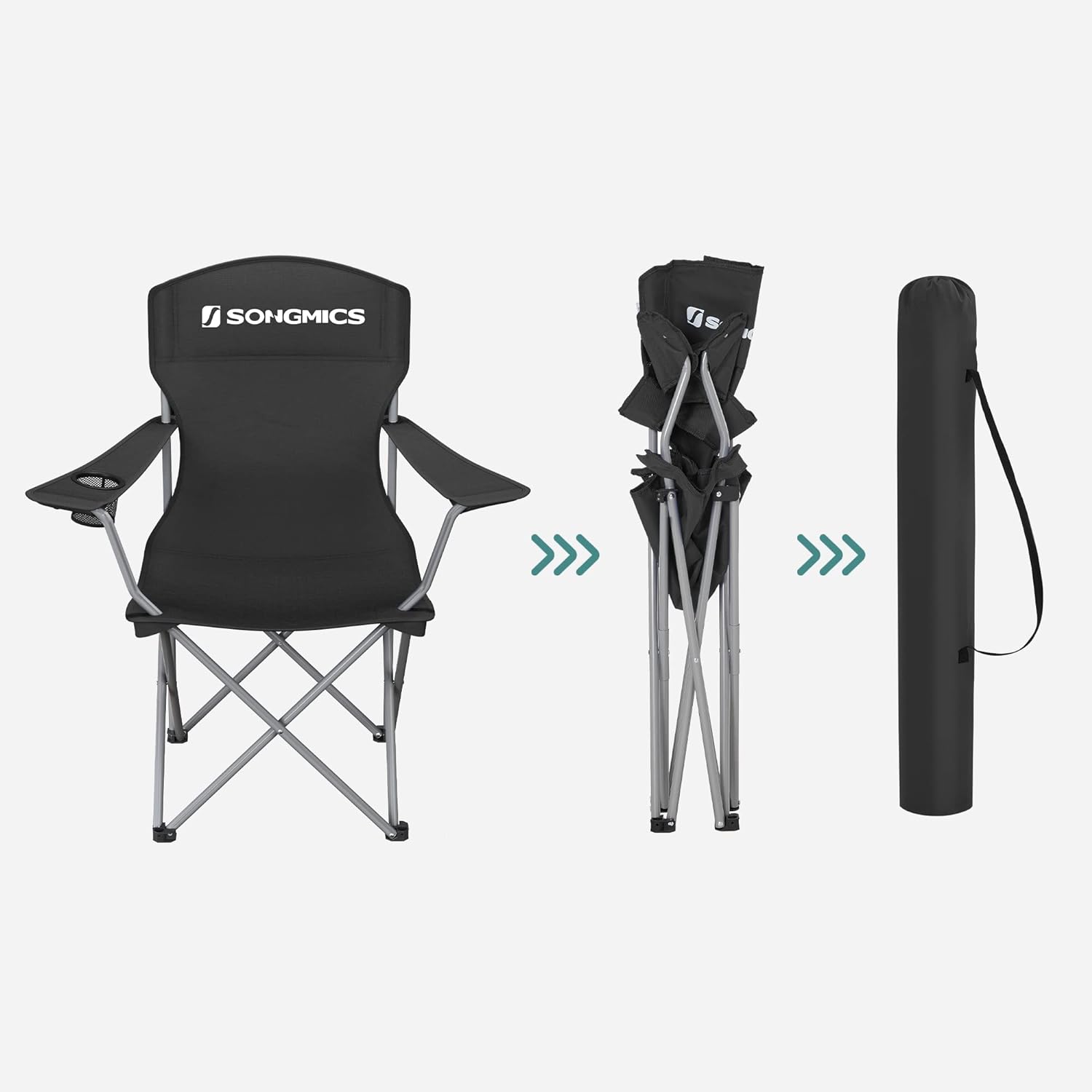 SONGMICS Set 2 scaune pliabile de camping sau pescuit, suport pahar, maxim 150kg, negru