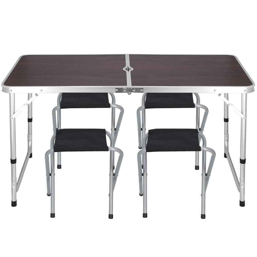 Set masa camping pliabila blat MDF cu 4 scaune, 120x60x60/70cm, Maro Negru