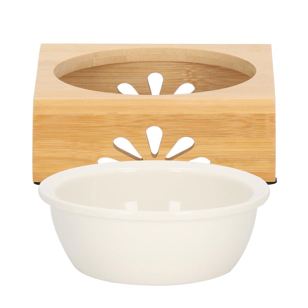 Castron ceramica, bol, pentru caine sau pisica, cu suport din bambus, 15cm
