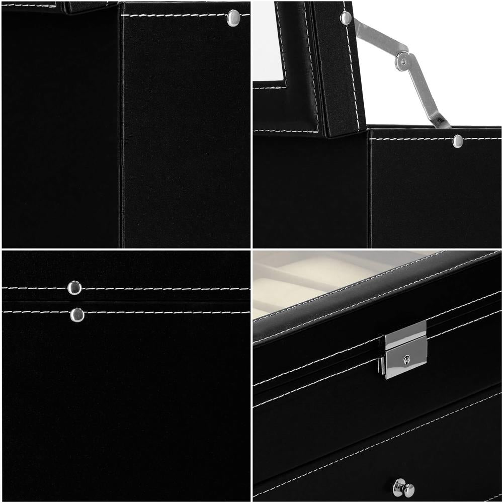 Cutie depozitare si organizare ceasuri, MDF, piele ecologica, 28x20x16,5cm, negru interior crem