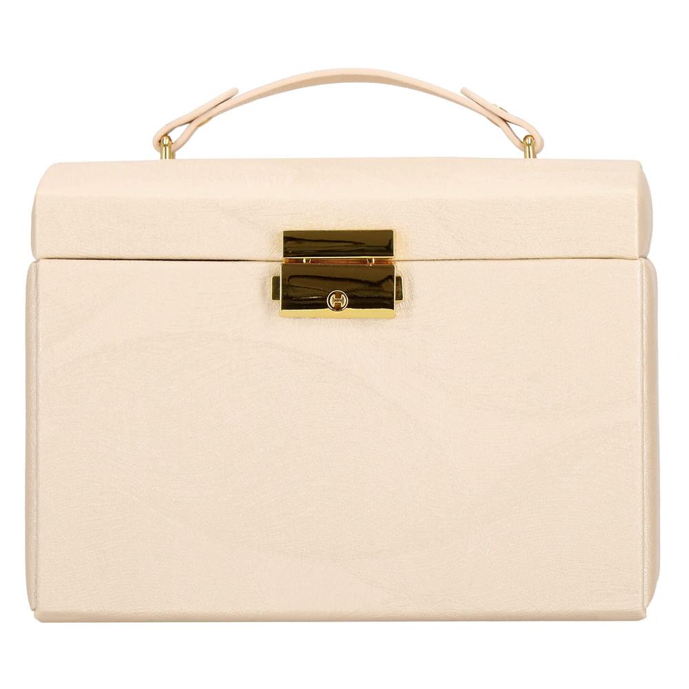 Cutie depozitare si organizare bijuterii, piele ecologica + velur, 18 x 13,5 x 14cm, crem