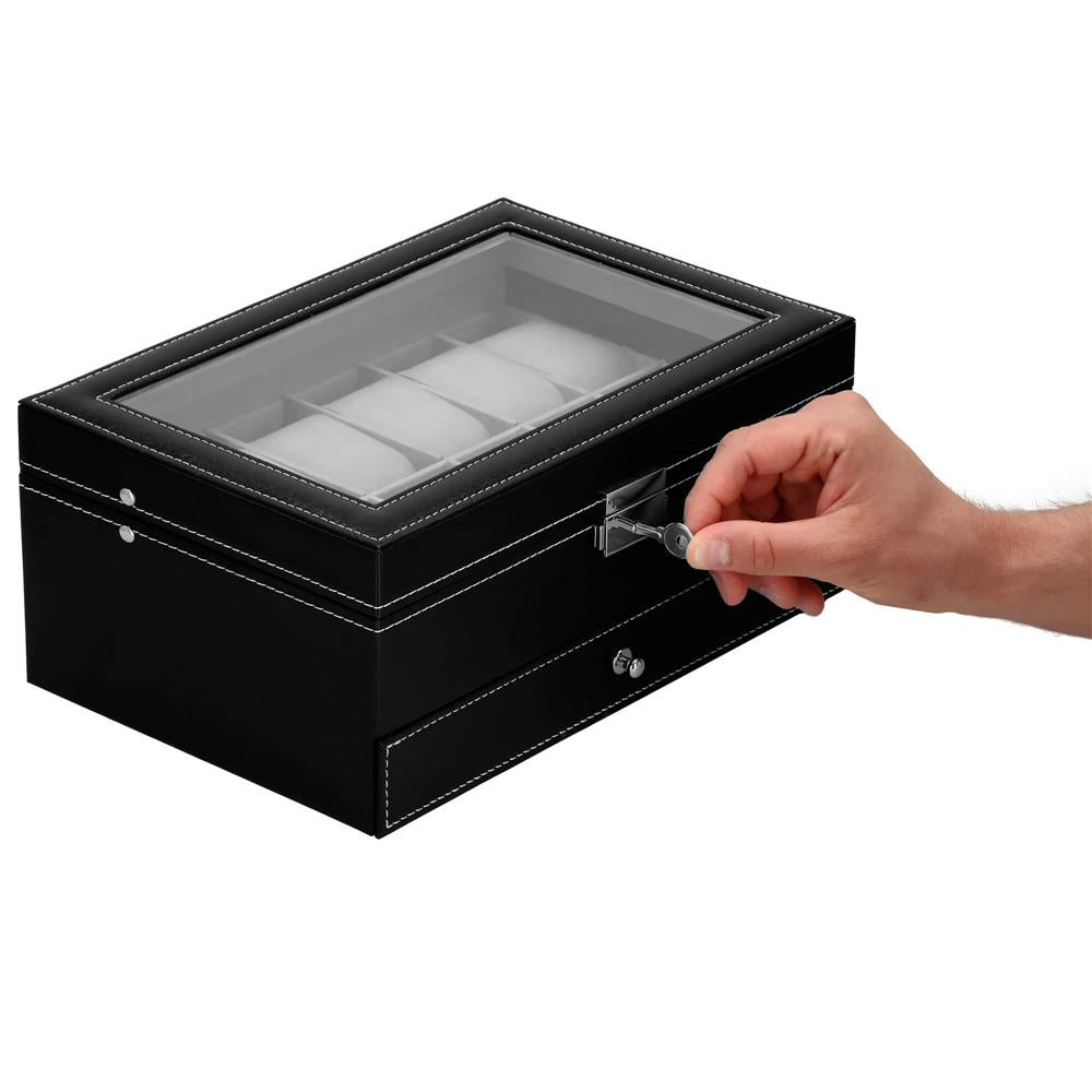 Cutie depozitare si organizare ceasuri si alte accesorii, MDF, piele ecologica, 30x20x13cm, negru
