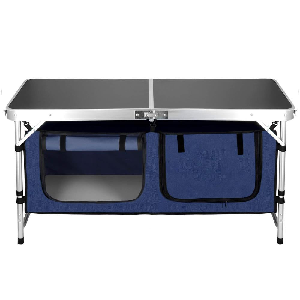 Masa camping pliabila cu spatiu depzoitare si cadru din aluminiu, blat MDF, 120x47x62/71cm, gri