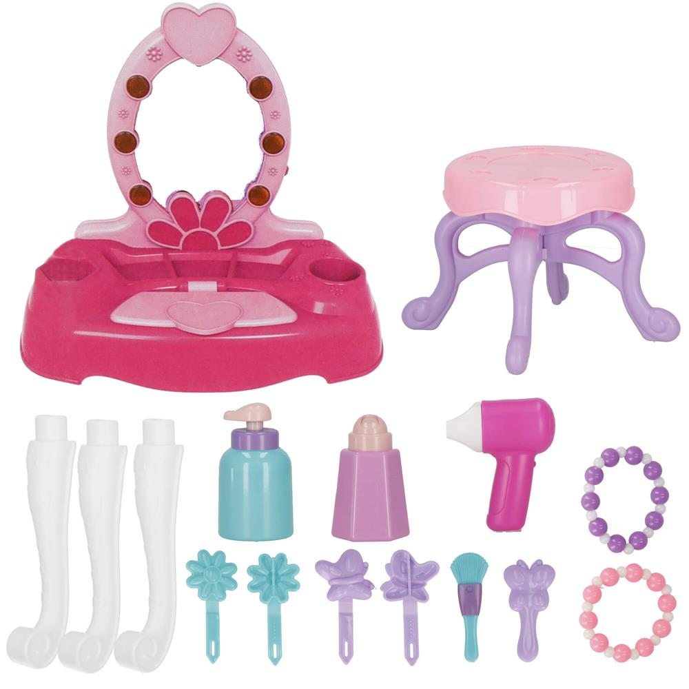 Masa toaleta pentru copii, cu taburet, 19 accesorii joaca, din plastic, 37x20x60 cm, roz
