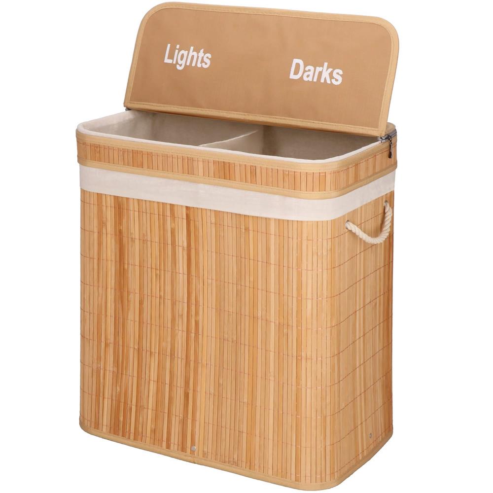 Cos de rufe din bambus cu capac, 2 compartimente, sac detasabil, volum 100L, 53x32x62cm, maro