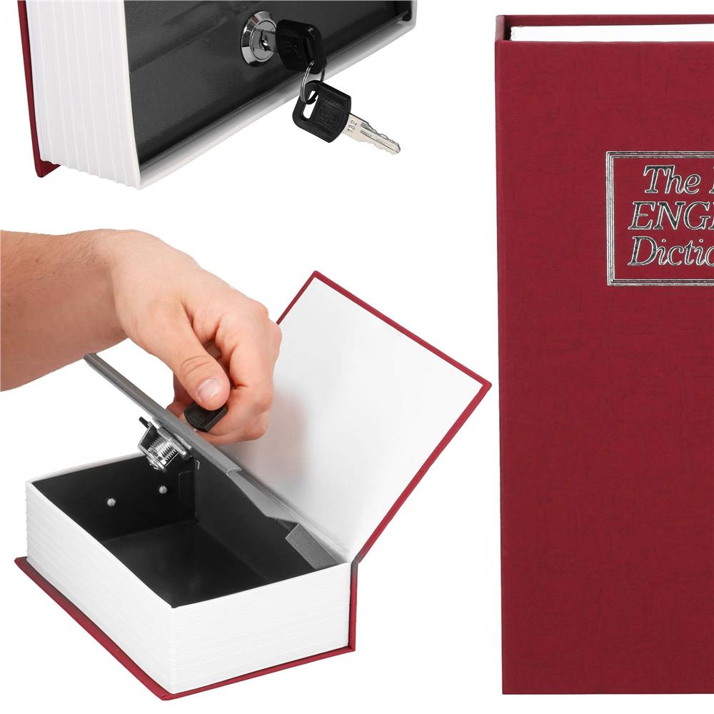 Caseta de valori, cutie metalica cu cheie, portabila, tip carte, Dictionar, burgundy, 26.5x20x6.5 cm