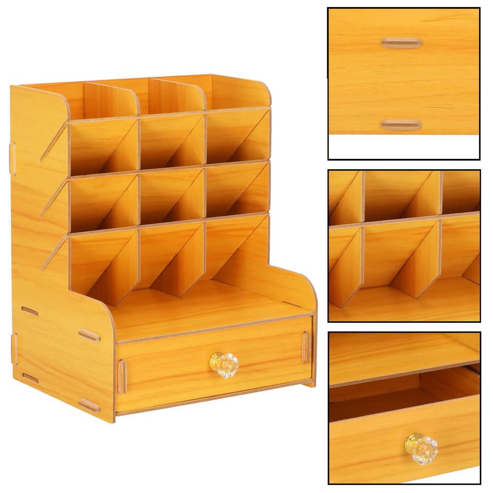 Organizator pentru birou, din lemn, cu 10 compartimente si sertar