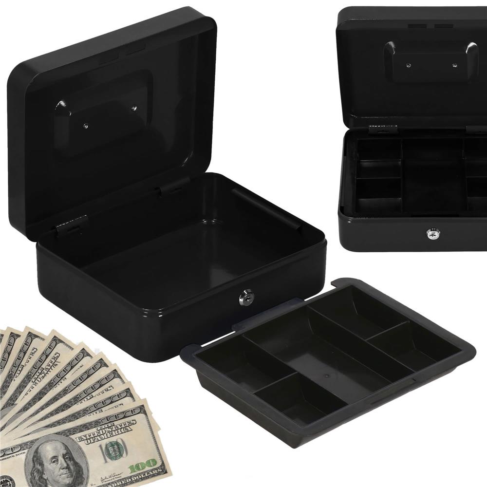 Caseta pentru bani tip cutie de valori, compartimentanta, cu cheie, metal, 25x20x9cm, negru