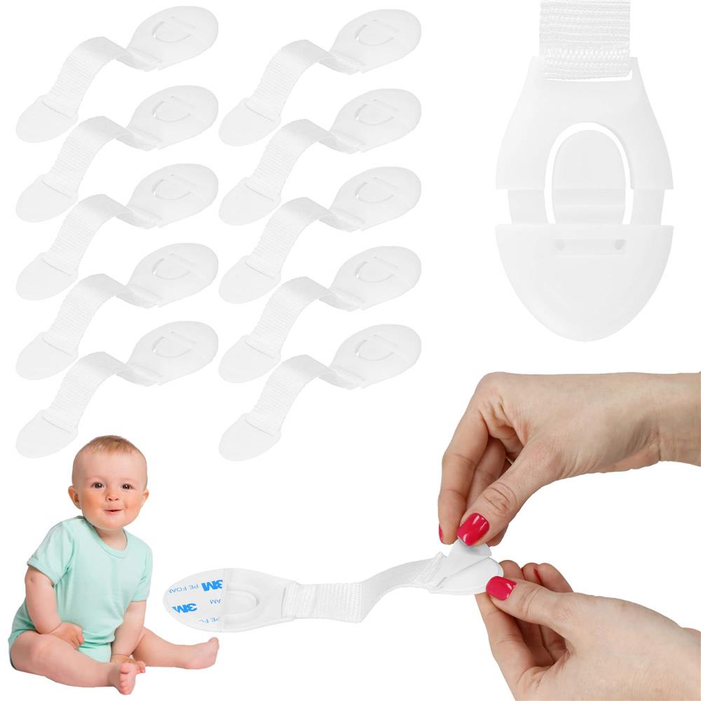 Set 10 sigurante blocator sertare si usi, plastic si textil, ajustabile, 20 cm, alb - 18
