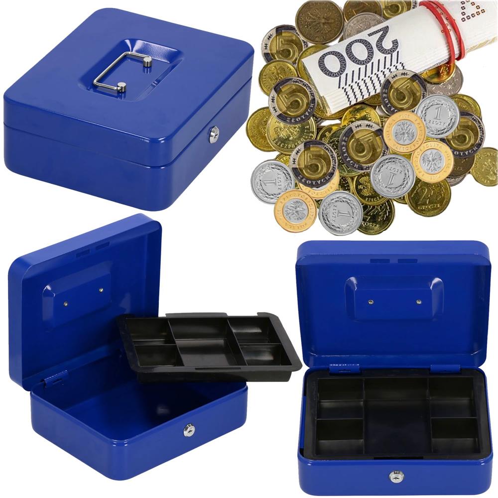 Caseta pentru bani tip cutie de valori, compartimentanta, cu cheie, metal, 20x16x9cm, albastru