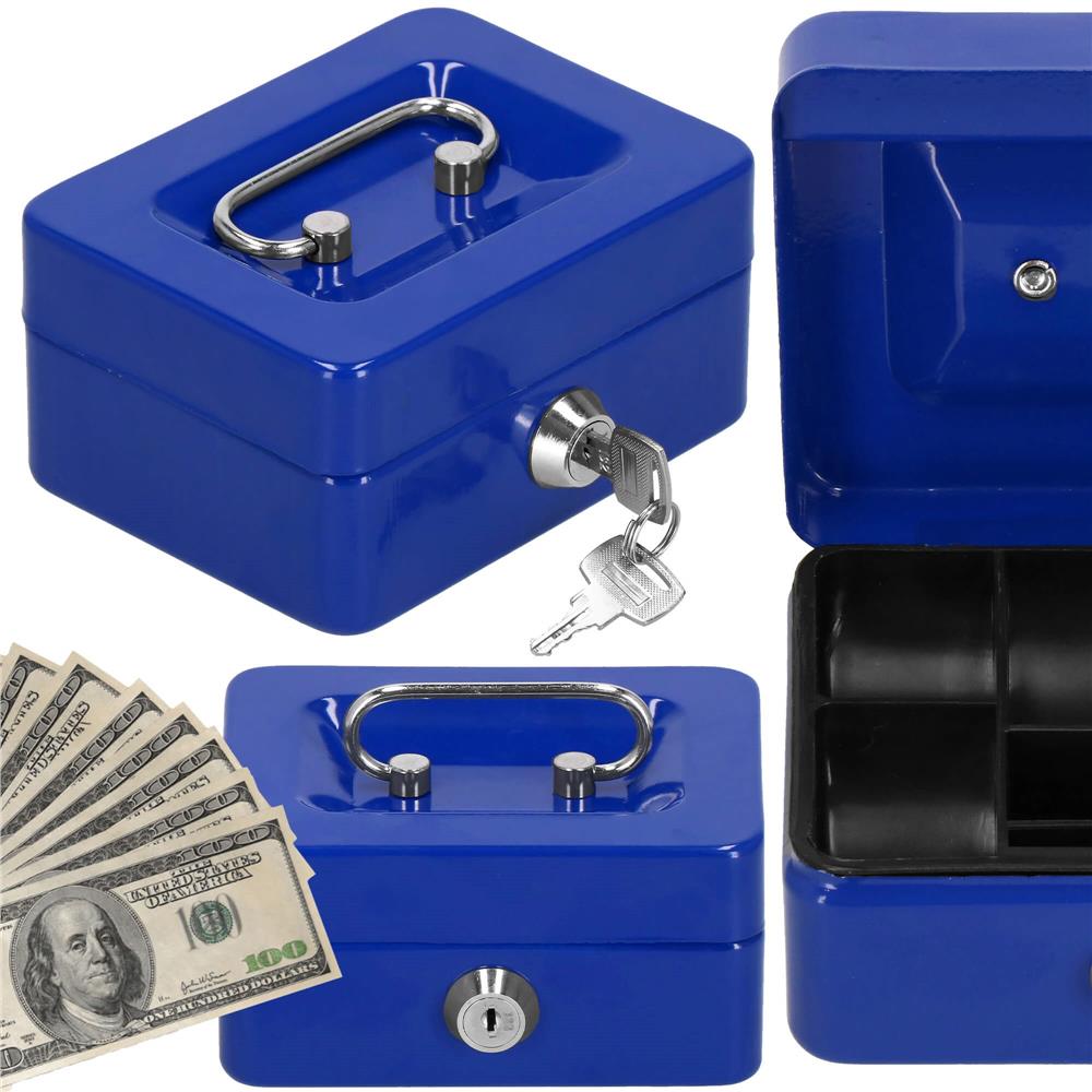 Caseta pentru bani tip cutie de valori, compartimentanta, cu cheie, metal, 12.5x9.5x6.5cm, albastru