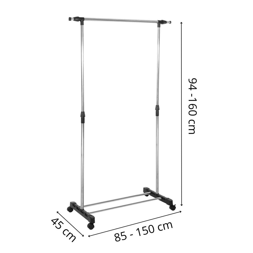 Suport pentru haine pe roti, reglabil pe inaltime si latime, din aluminiu cromat, 160x45x150cm, argintiu