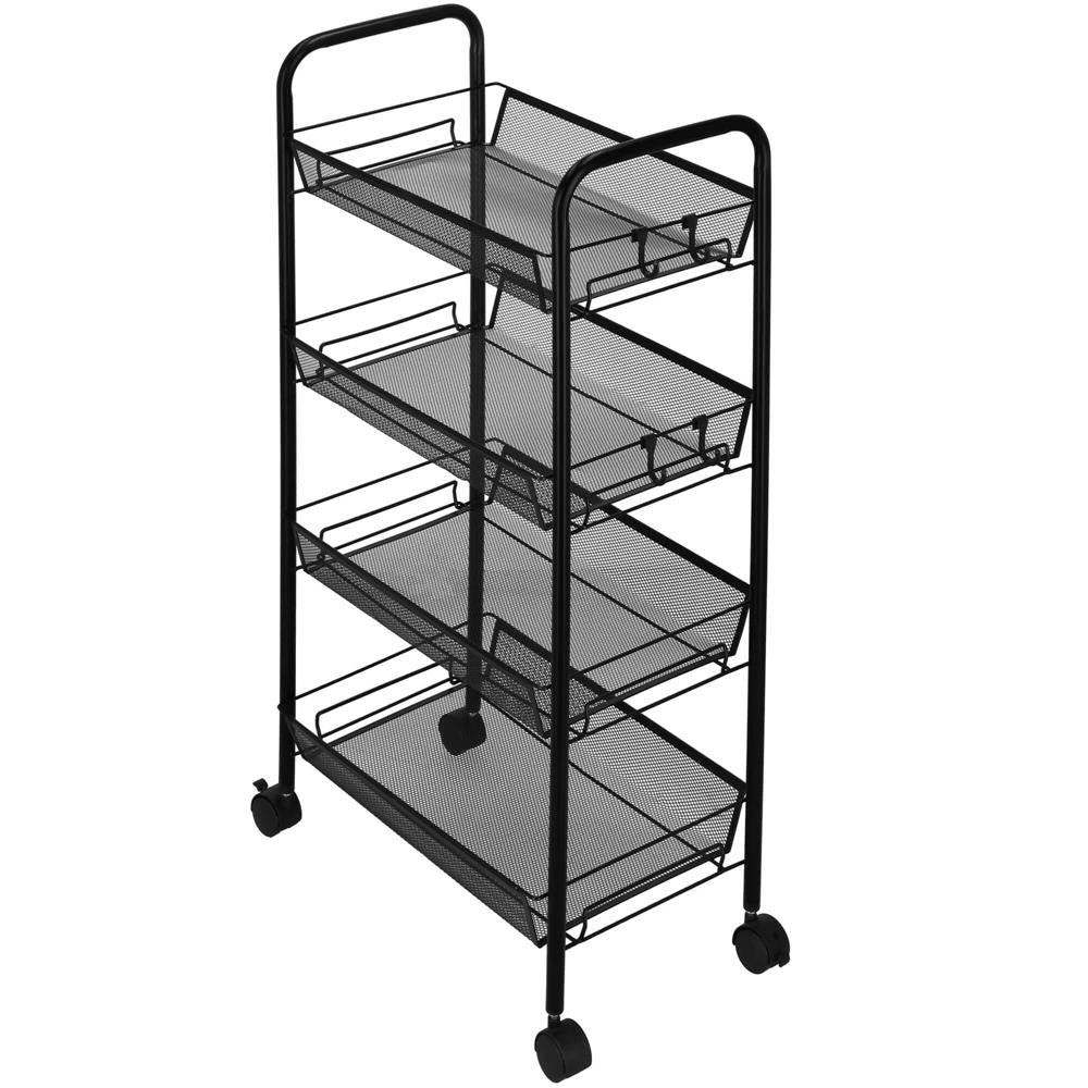 Raft metalic mobil tip carucior pentru bucatarie, 4 polite si 4 agatatori, negru, 44x26x85cm