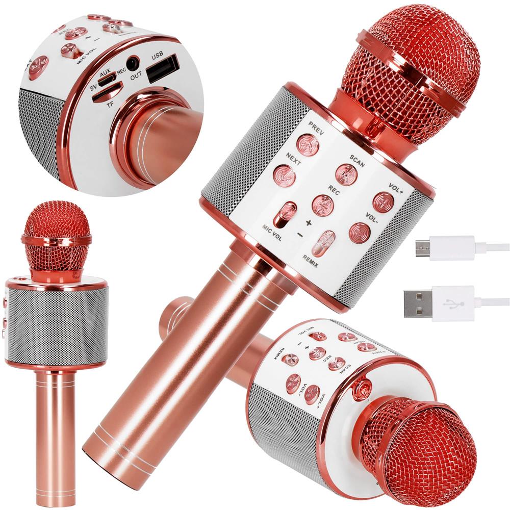 Microfon karaoke copii, wireless, cu acumulator, compatibil iOS si Android, functie de schimbare a vocii, roz