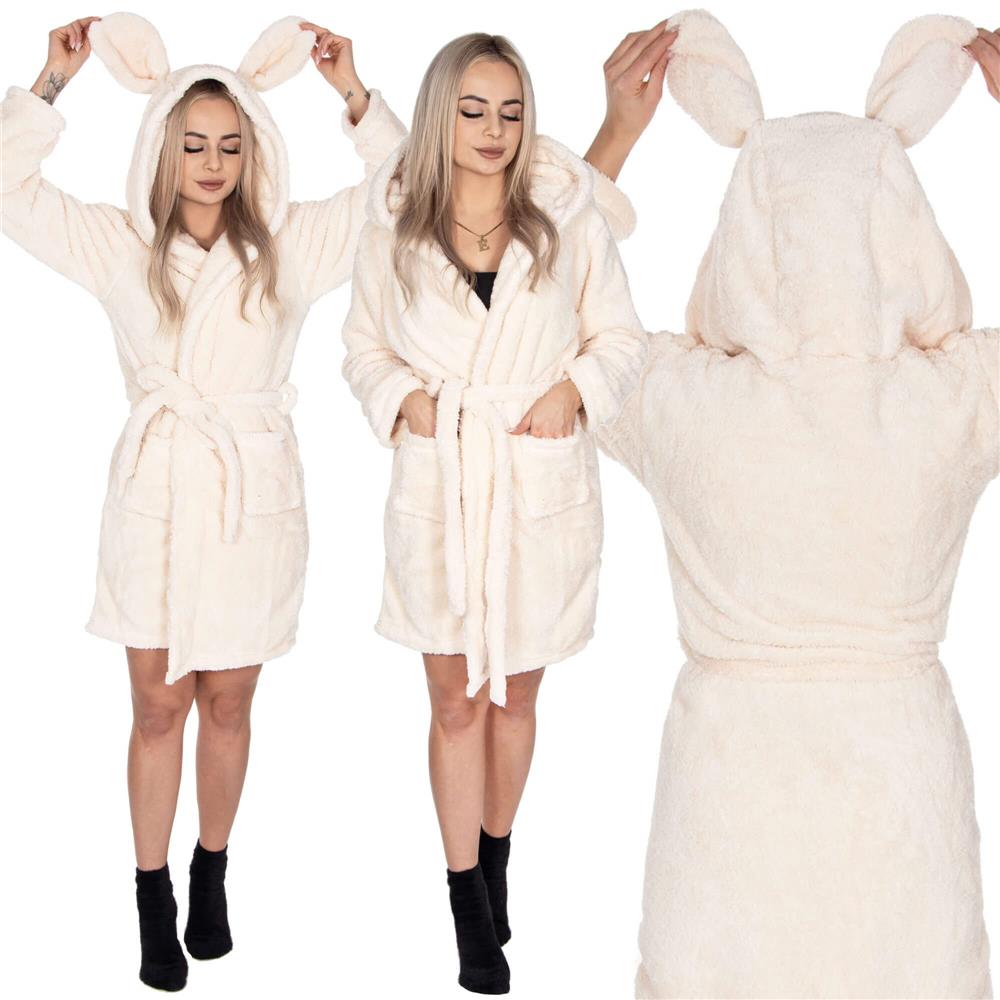 Halat de baie pentru femei pana la genunchi, gluga cu urechi, marimea L/XL, bej