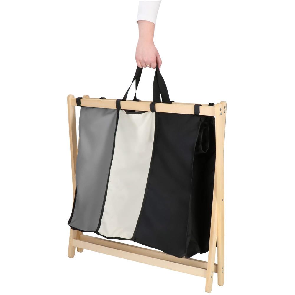 Cos de rufe cu 3 compartimente, cadru din lemn, 67x43x55 cm, 105 litri