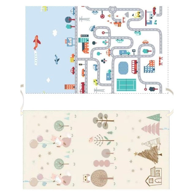 Covoras de Joaca pentru Copii Termic cu 2 Fete, Model Vulpi si Pista de Masini, cu Spuma, Impermeabil, Antiderapant, 200cm x 180cm x 0.8cm