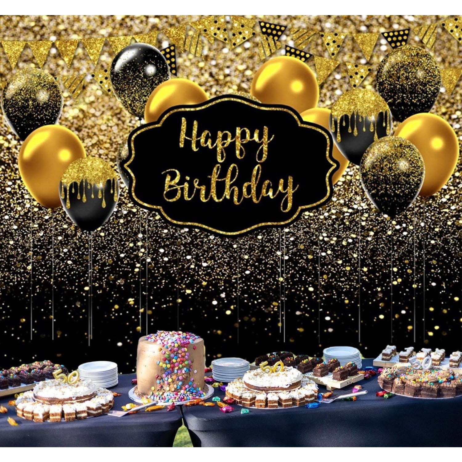 Banner Tip Fundal pentru Poze, din Panza, 185 x 110 cm, Sfoara 6 m, Prindere in 4 Colturi, Negru/Auriu