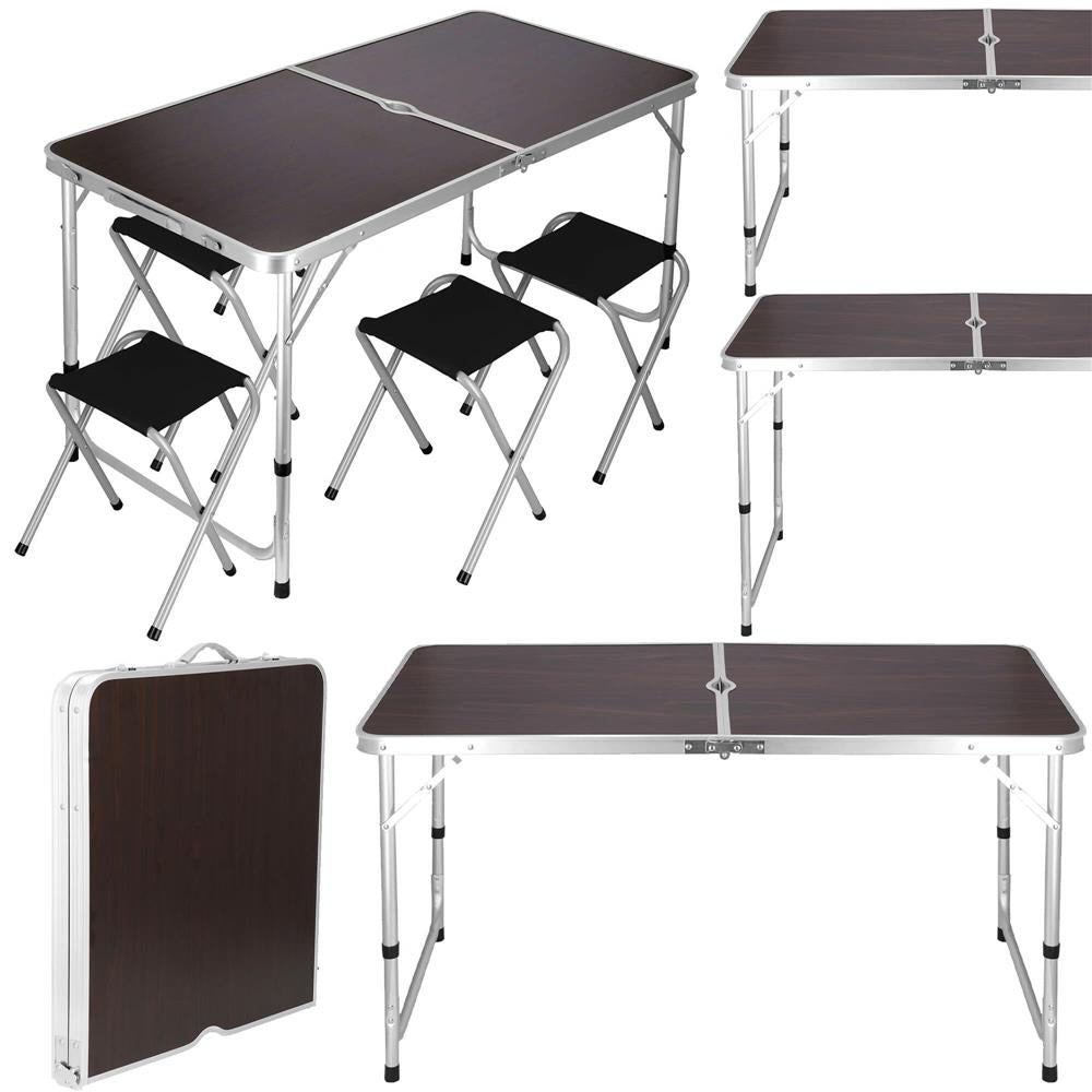 Set masa camping pliabila blat MDF cu 4 scaune, 120x60x60/70cm, Maro Negru