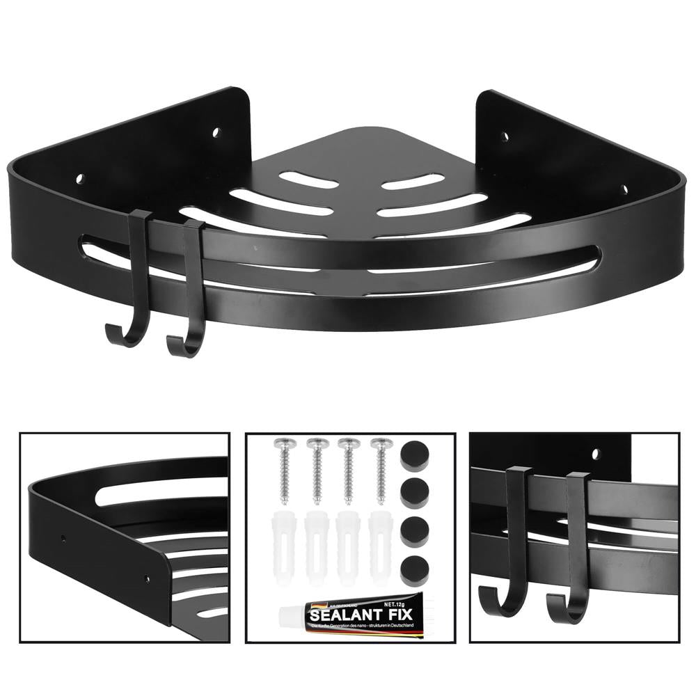 Raft de baie pentru colt cu 2 sisteme instalare pe perete, aluminiu, 30x22x4cm, negru