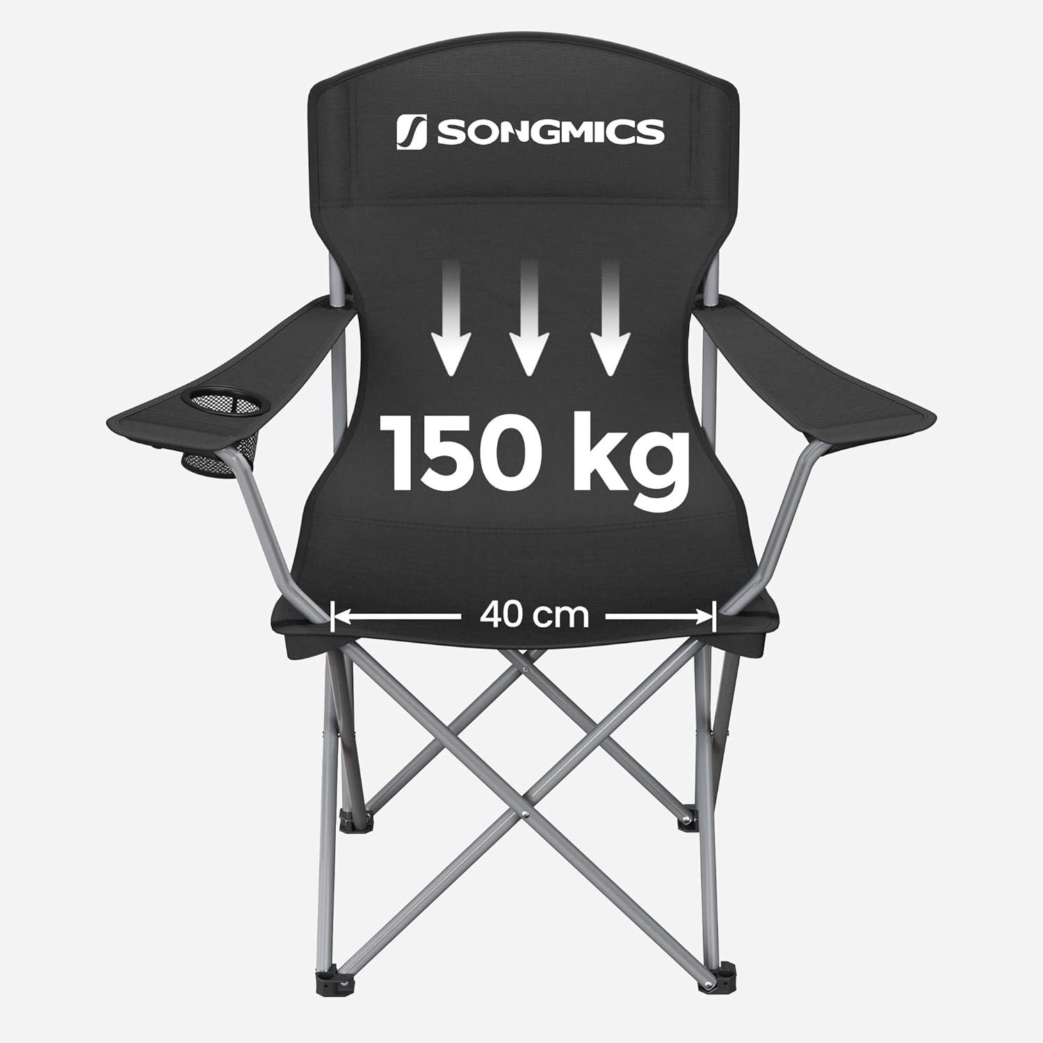 SONGMICS Set 2 scaune pliabile de camping sau pescuit, suport pahar, maxim 150kg, negru