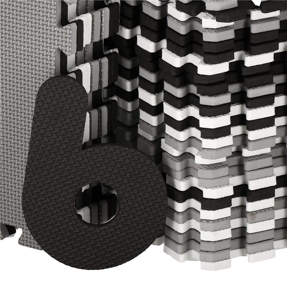 Covor din spuma pentru copii, tip puzzle alfabet si numere, 110 piese, termoizolant, 175x175 cm, negru, gri