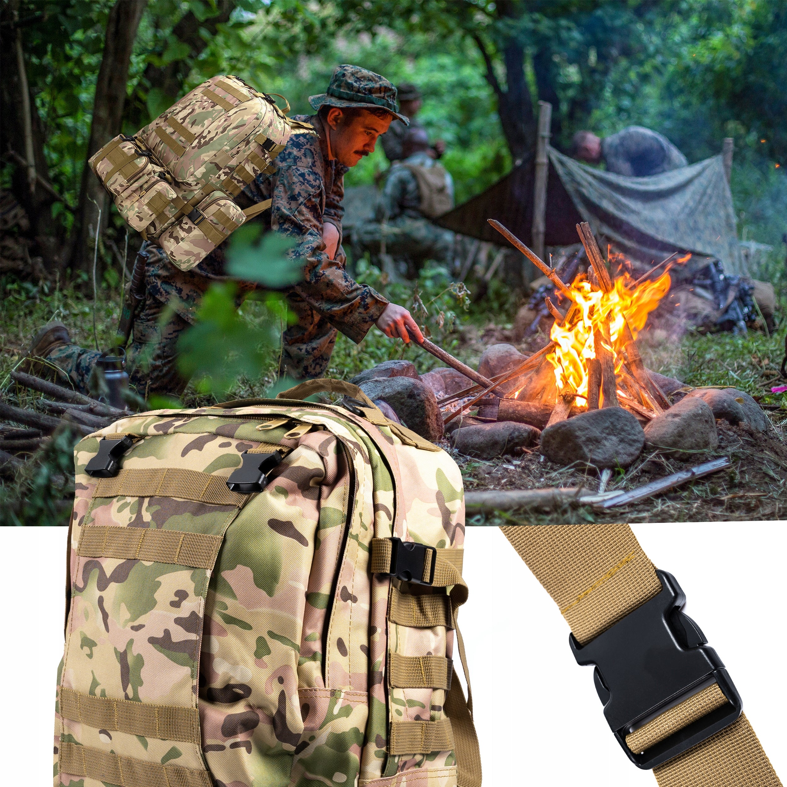 Rucsac militar pentru drumetie, impermeabil, ultra usor, 4 in 1, 50litri, culoare combat camuflaj