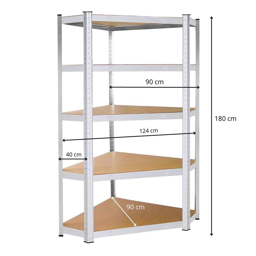 Raft de colt cu cadru metalic modular pentru depozitare, 5 polite, 180x90x40cm, sarcina 875kg