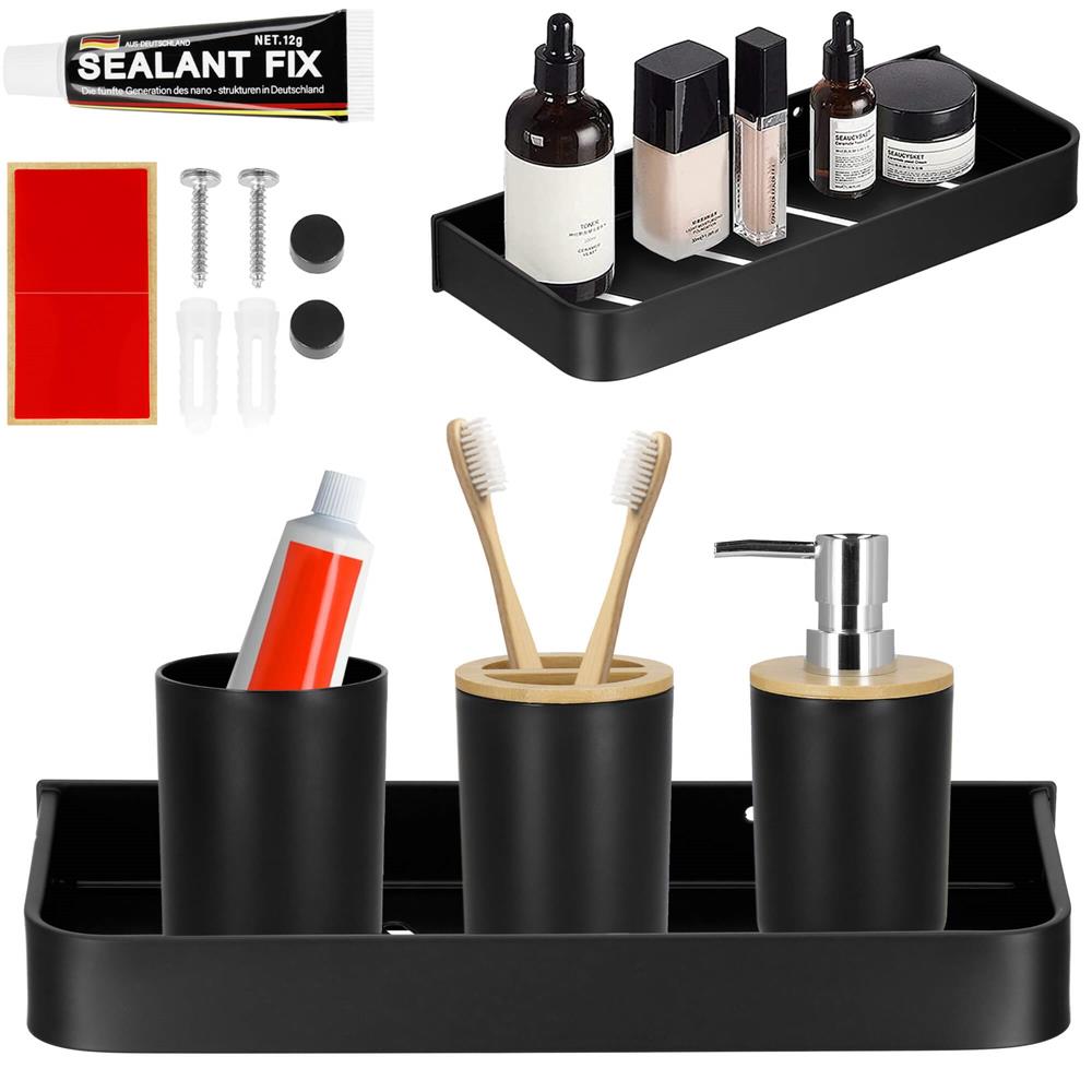 Raft de baie cu 2 sisteme instalare pe perete, aluminiu, 30x12x4cm, negru
