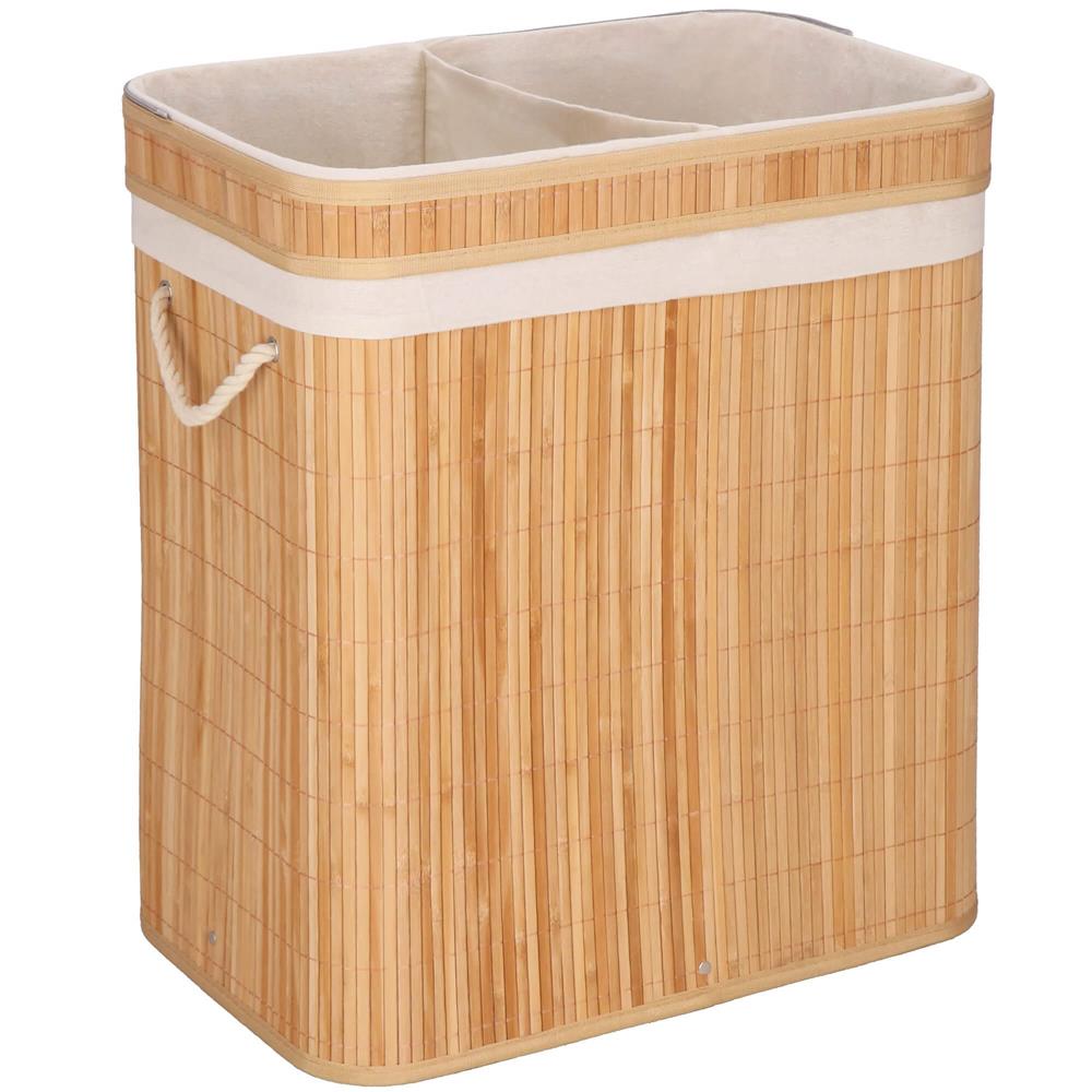 Cos de rufe din bambus cu capac, 2 compartimente, sac detasabil, volum 100L, 53x32x62cm, maro
