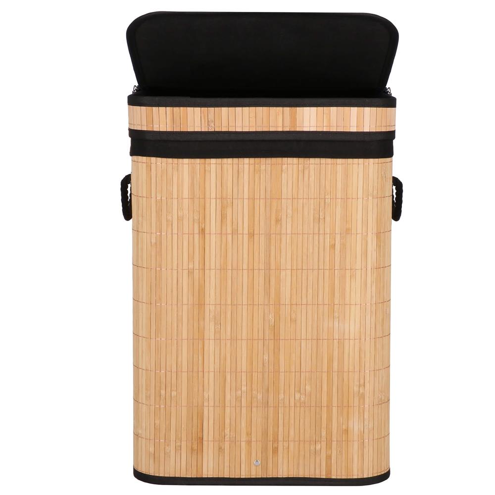 Cos de rufe din bambus cu capac, sac detasabil, volum 72L, 42x33x60cm, maro