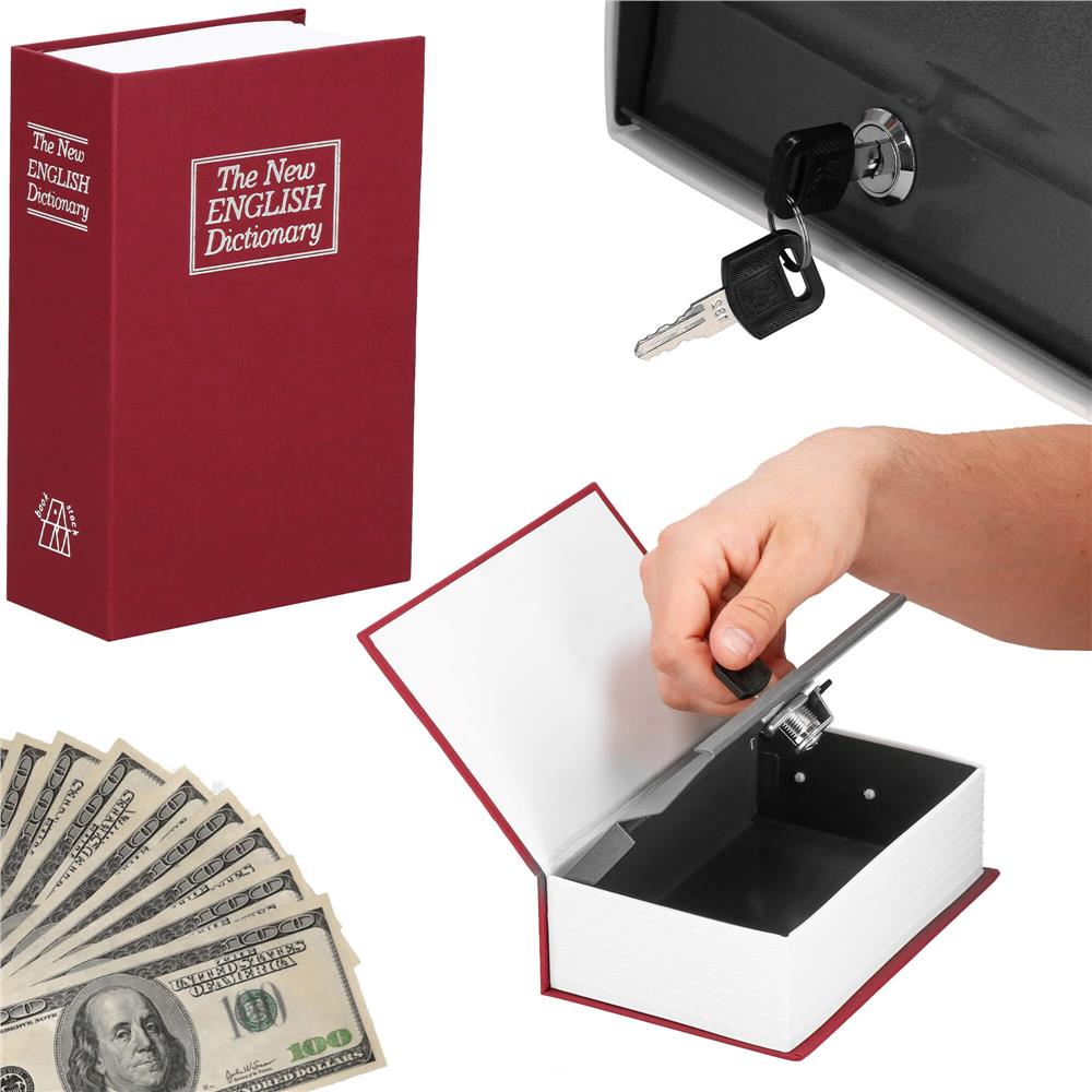 Caseta de valori, cutie metalica cu cheie, portabila, tip carte, Dictionar, burgundy, 26.5x20x6.5 cm