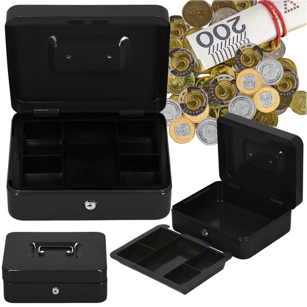 Caseta pentru bani tip cutie de valori, compartimentanta, cu cheie, metal, 25x20x9cm, negru