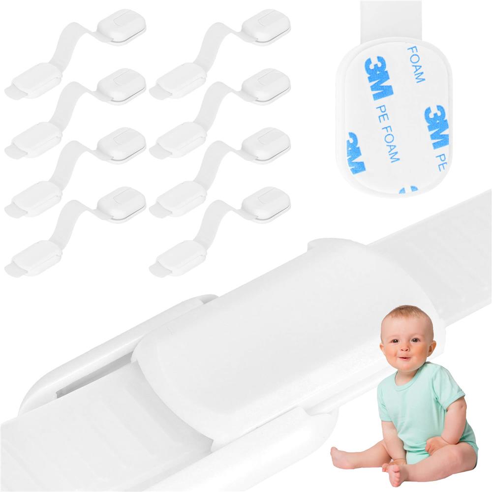Set 8 sigurante blocator sertare si usi, plastic si silicon, ajustabile, 19 cm, alb