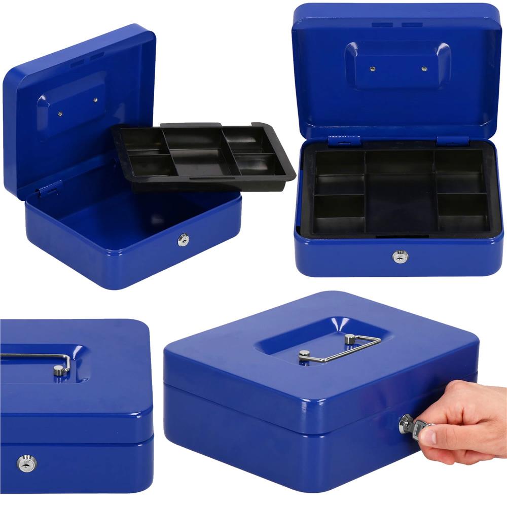 Caseta pentru bani tip cutie de valori, compartimentanta, cu cheie, metal, 25x20x9cm, albastru