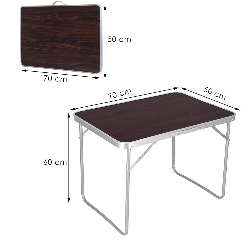 Masa camping pliabila cu cadru din aluminiu, blat MDF, 70x50x60cm, maro
