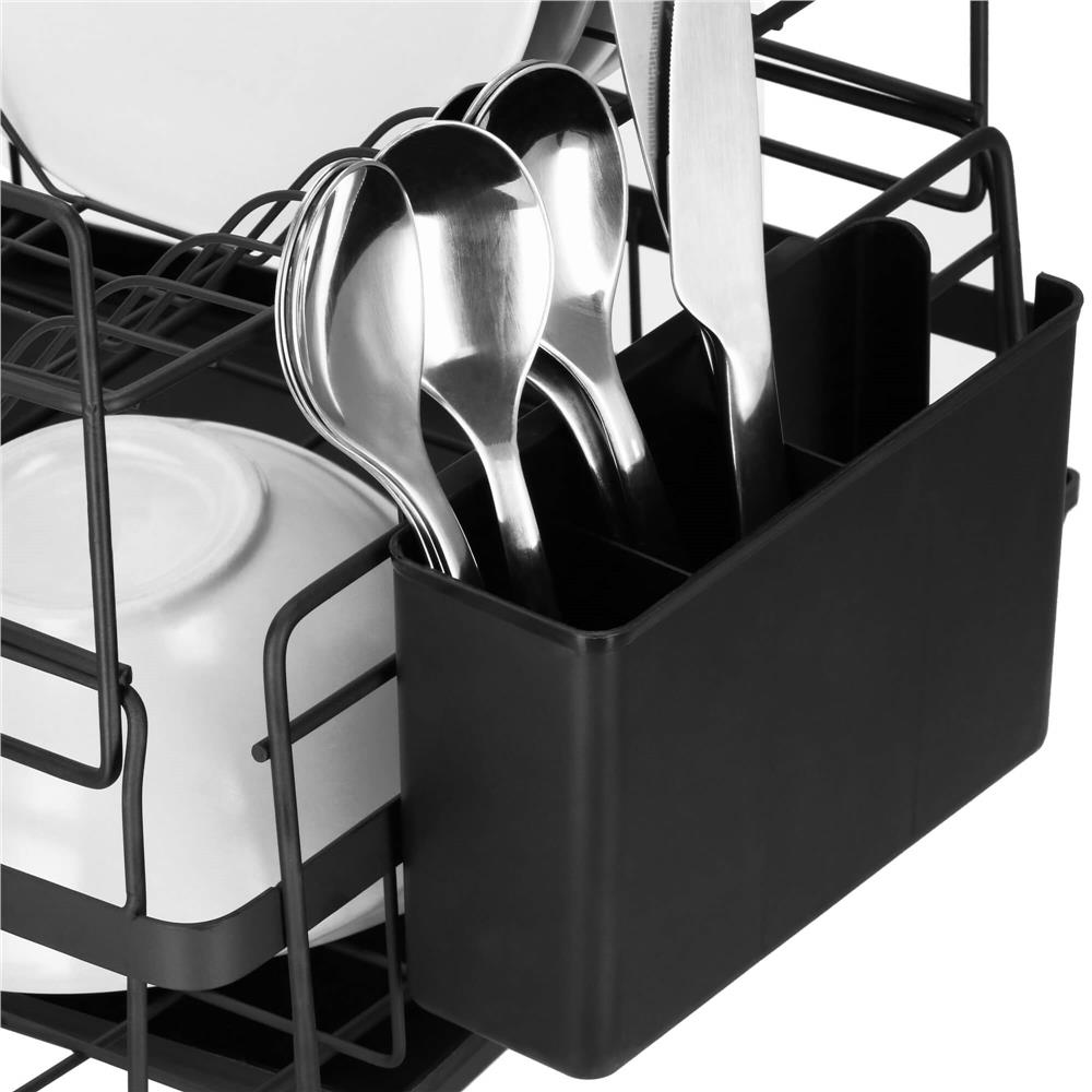 Uscator de vase cu suport tacamuri, din otel, pe 2 nivele, cu tava de scurgere, 50x30x24cm, negru