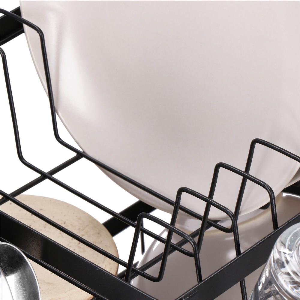 Uscator de vase cu suport pahare si tacamuri, din otel, pe 2 nivele, cu sistem drenaj, 42x30x30cm, negru
