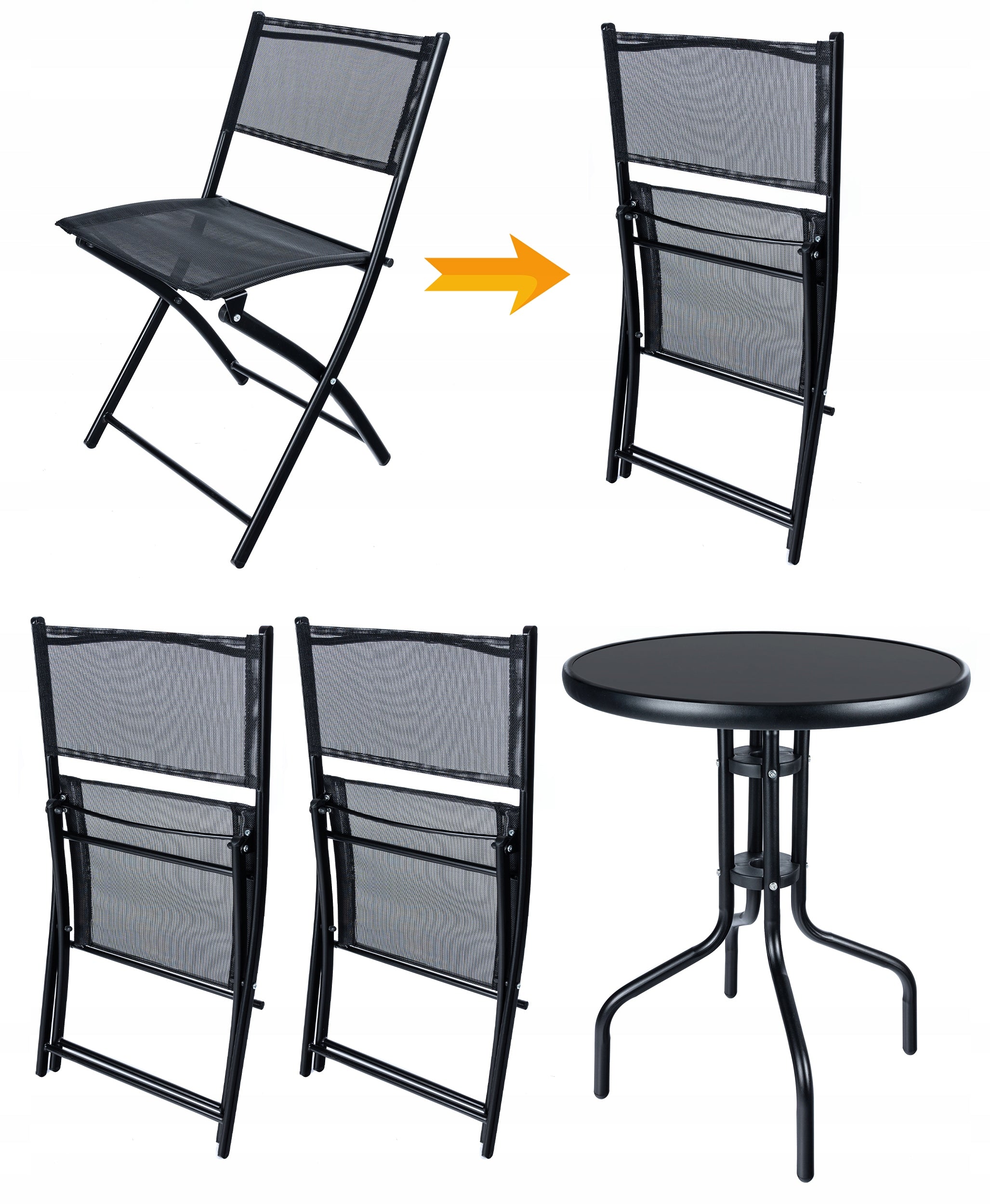Set mobilier gradina Oneiro, 2 scaune pliabile, 1 masa, negru