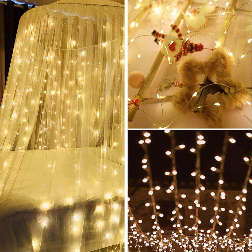 Ghirlanda luminoasa tip perdea 300 LED-uri, 3x3m, pentru interior, cu telecomanda, alb cald (galben)