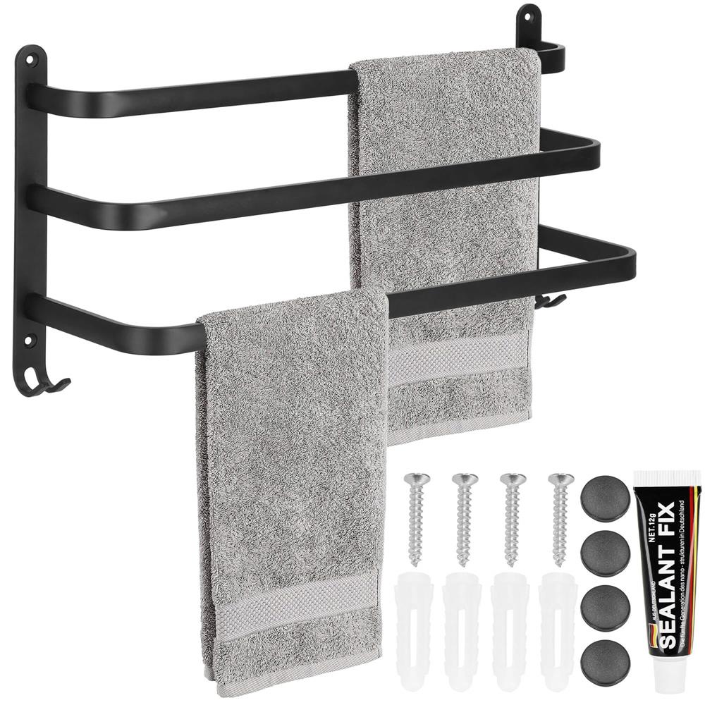 Suport prosoape pentru baie cu 2 sisteme de instalare, 3 brate, din aluminiu, 49x25cm, negru