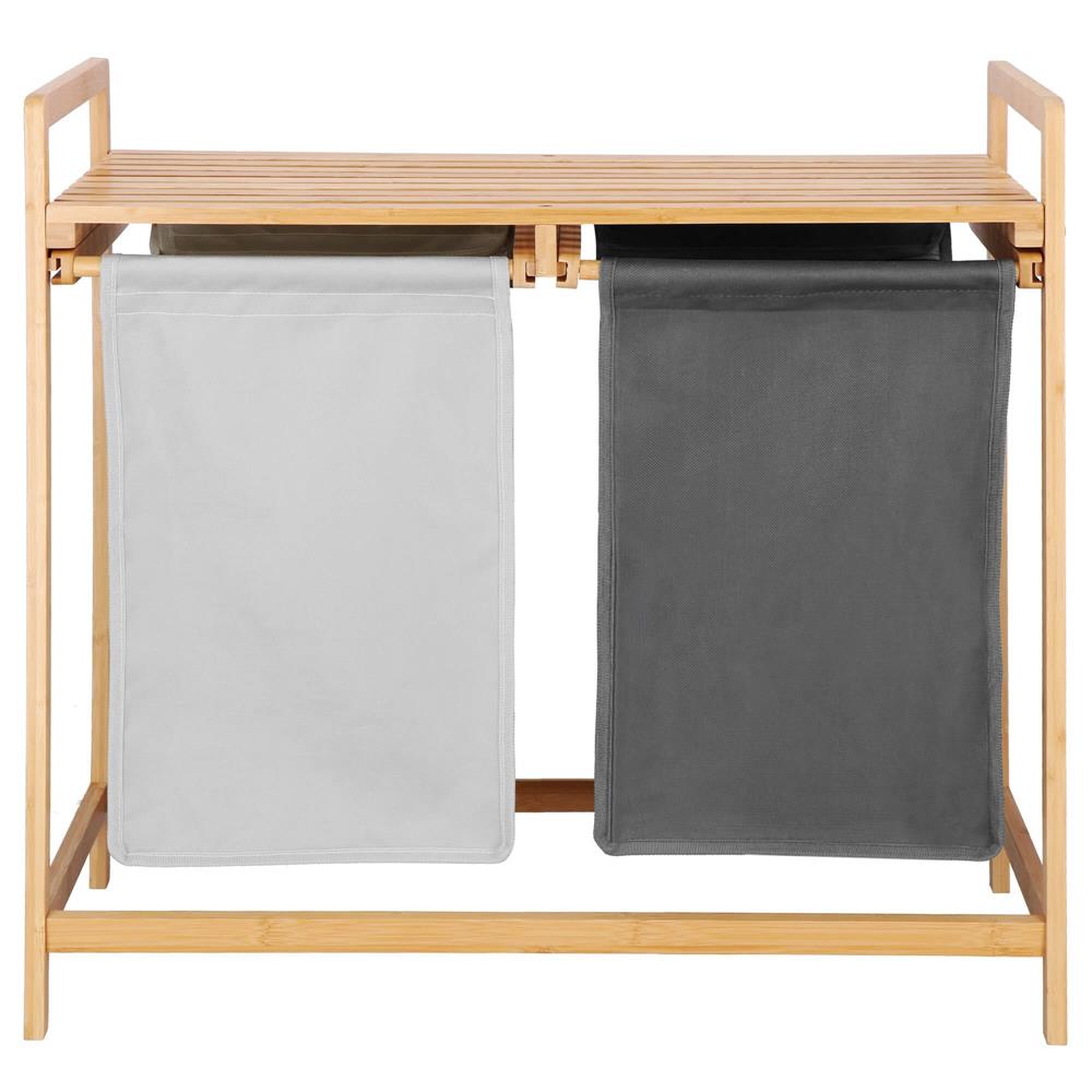 Cos de rufe din bambus, cu 2 saci detasabili, raft superior, capacitate de 40L per sac, 67x36x70cm, maro