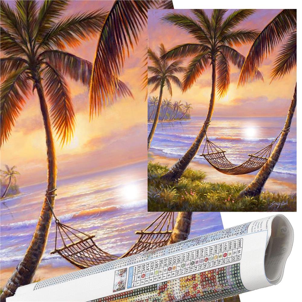 Set de broderie cu diamante 5D, 30x40cm, model Hamac pe plaja